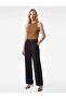 Straight Wide-Leg Striped Fabric Trousers with Pockets and Belt - Navy Blue Striped