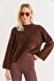 Women's Crew Neck Oversize Soft Fuzzy Brown - 3