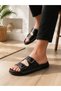 Men's Double Buckle Black Slippers Faux Leather Anatomical Sole Daily Summer Slippers - 4