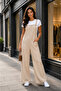 Women's Beige Aerobin Fabric Straps, Pockets, Wide Leg Comfortable Jumpsuit - 7