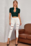 Women's Green Half Zip and Short Sleeve Crop Top Blouse - 4