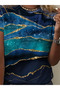 Women's Short Sleeve Crew Neck Blue Glitter Printed Sandy Blouse - 2