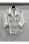 Women's White Italian Plus Size Floral Embroidered Sequin Embroidered Foldable Long Sleeve Shirt 42 - 48 Size