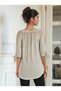 Women's Crew Neck Three Quarter Sleeve Shoulder and Sleeve Guipure Stone Design Detail Summer Tshirt Blouse - 4