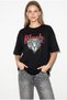 Women's Black 100% Cotton Cheetah Printed Oversize T-Shirt with Text Detail Öt261063 60286379 - 4