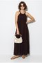 Women's Bitter Coffee Bead Strap Detailed Halter Neck Pocket Detailed Flowy Maxi Dress 2804 60286395 - 3