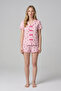 Women's Pink Strawberry Patterned Ribbed Short Sleeve Shorts Pajama Set - 2