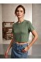 Women's stone detailed short sleeve crop blouse khaki