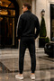 Black Stand Collar Striped Tracksuit Set with Zipper Pockets, Elastic Cuffs, Double Face Fabric for Men - 5