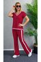 Women's Short Sleeve V-Neck Viscose Two Thread Blouse and Trousers Two-Piece Set - 3