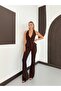 Women's Brown V-Neck Halter Top and Pants Double Set - 5