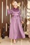Feather Detailed Satin Evening Dress Lilac 19123