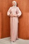 Powder-Colored Gathered Collar Evening Dress with Stones - 4