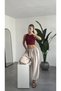 Women's Cream All-Size Compatible Pants with Gathered Waist and Tie-Up Detail at the Hem, Draped Modal Tencel Fabric