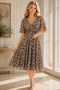 Women's Double Breasted Collar Short Sleeve Waist Fitted Patterned Lined Lycra Stylish Midi Evening Dress - 5