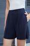 Women's Modal Silky Textured Elastic Waist High Waist Side Pocket Stitched Shorts-Navy Blue - 5