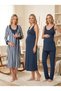 New Season Navy Blue Striped Strappy Design with Breastfeeding Feature, Lace Detail, 100% Cotton Maternity Dressing Gown, Nightgown, Pajama Set - 3