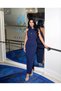 Women's Special Design Neckline Rose and Stone Detail Scuba Fabric Evening Dress with Low Chest Cut and Slit - 3