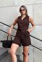 Brown 4-Button Vest-Pocket Shorts Women's Bottom-Top Linen Set - 2