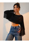 Women's Oversize Chiffon Tulle Boat Neck Bat Sleeve Crop Blouse - 2