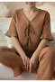 Women's Bamboo Linen Pajama Set with Tie Front Detail, Flared Sleeves and Cuffs - 5