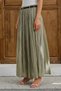 Green Women's Belted Lined Maxi Skirt with Elastic Waist, Crinkled Textured Long Skirt
