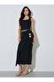 Black Pencil Midi Skirt with Decorative Buckles