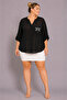 Large Size V-Neck Buttoned Stone Embroidered Capri Sleeve Pocket Thin Women's Shirt