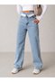Women's Ice Blue High Waist Belt Detailed Wide Leg Jeans - 4