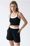 2151 Women's Piping Detailed Strappy Crop Top Shorts Set Black