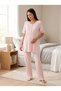 New Season Pink Floral Patterned Lace Detailed Design Buttoned Short Sleeve 100% Cotton Maternity Pajama Set - 6