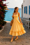 Yellow Gingham Skirt with Ruffle Detail at the Hem, Square Neckline, Mid-Length Dress - 3