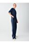 Navy Blue Striped Detailed Knitted Trousers with Elastic Waist - 3