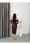 Brown Boat Neck Strap Sequined Midi Lace Evening Dress - 6