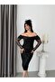 Black Boat Neck Strap Sequined Midi Lace Evening Dress - 5