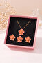 Orange Color Sakura Flower Necklace Earrings Ring Set in Gift Box - 3