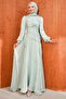 Water Green Janjan Evening Dress with Drawstring Front and Stones
