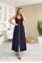 Women's Strap Square Neck Front Zipper Wide Cut Janjan Crepe Dress - 5