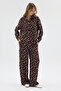 Women's Brown Polka Dot Patterned Shirt Trousers Jacquard Satin Fabric Stylish Bottom-Top Set - 3