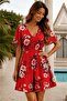 Women's Short Sleeve V-Neck Patterned Short Single Jersey Dress