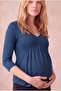 Maternity Petrol Blue Viscose Glitter Double Breasted V-Neck Long Sleeve Nursing Blouse Scarlet - 4