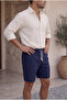 Men's Navy Blue Linen Muslin Fabric Look Woven Shorts Summer Twill Fabric - 4