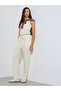 Beige Textured Drawstring Wide Leg Joggers