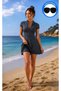 Women's Gray Swimsuit with Skirt, Short Sleeves, Zipper, and Chest Pads
