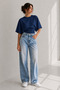 Women's Navy Blue Bat Sleeve Waist Detailed Crop T-Shirt 88001 - 8