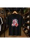 Blue Floral Horse Printed 100% Cotton Oversize Loose Regular Fit Crew Neck T-Shirt