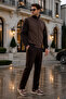 Brown Suede Detailed Tracksuit Set with Stand Collar, Standard Fit, Zipper Pockets, Men's Top and Bottom Set - 5