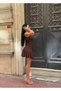 Women's Brown Eyelet Detailed Strap Ruffle Mini Dress Yel221710 - 5