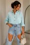 Women's Blue Cotton Linen Double Pocket Wooden Button Oversize Loose Oval Cut Long Sleeve Beach Shirt - 3