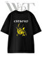 Horned Cat Design Printed Unisex Black Oversize T-Shirt